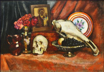 イリヤ・イワノビッチ・マシュコフ Painting - 頭蓋骨のある静物 イリヤ・マシュコフ